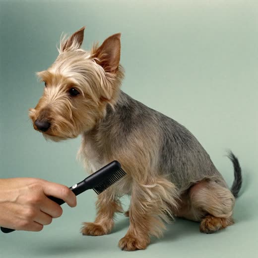 A small terrier being brushed during a grooming session