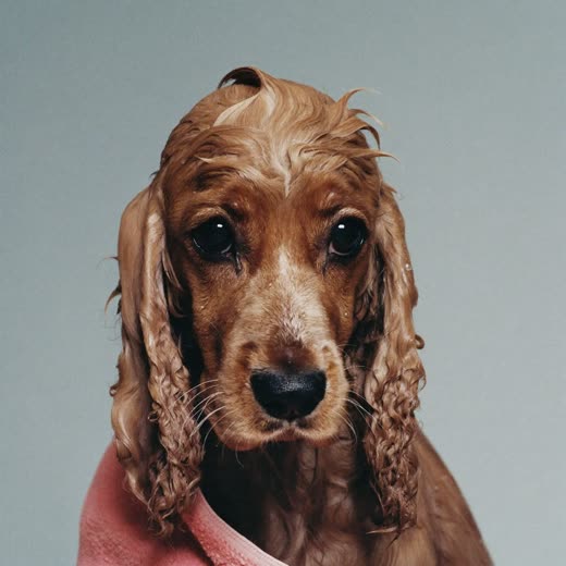 A freshly bathed spaniel wrapped at the shoulders in a towel